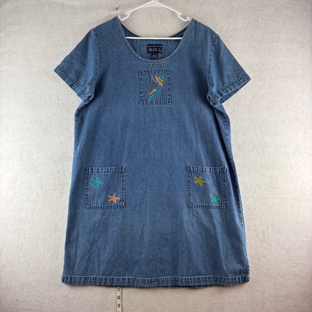 Blue J. 100% Cotton Y2K Sheath Dress 90's Large Denim Embroidered Beach Vacation